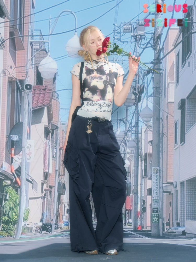 Star Polka Dot Cat Print Mesh Short Sleeve T-Shirt【s0000016173】