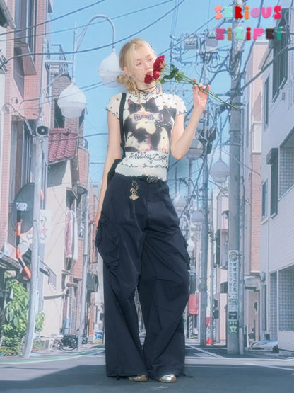 Star Polka Dot Cat Print Mesh Short Sleeve T-Shirt【s0000016173】