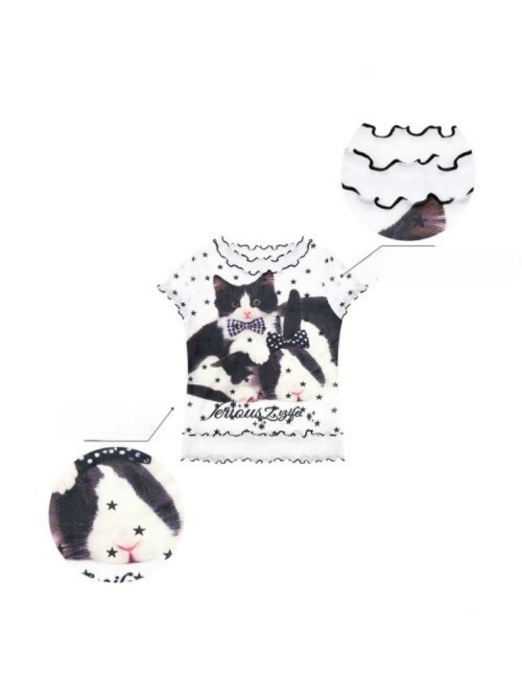 Star Polka Dot Cat Print Mesh Short Sleeve T-Shirt【s0000016173】