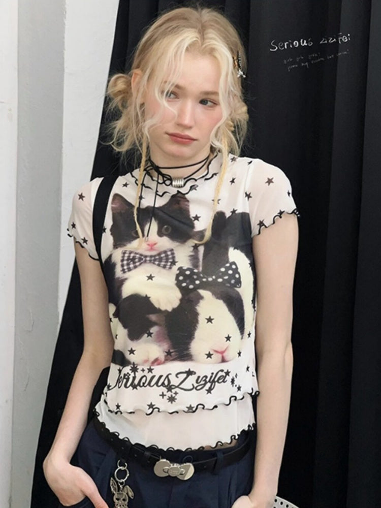 Star Polka Dot Cat Print Mesh Short Sleeve T-Shirt【s0000016173】