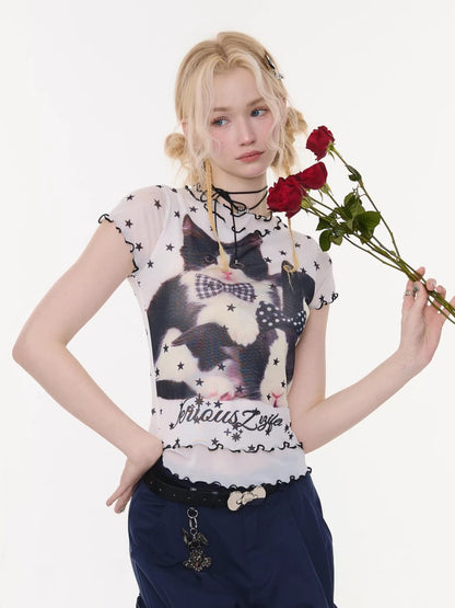 Star Polka Dot Cat Print Mesh Short Sleeve T-Shirt【s0000016173】