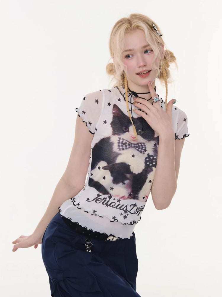 Star Polka Dot Cat Print Mesh Short Sleeve T-Shirt【s0000016173】