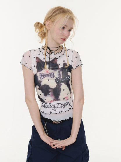 Star Polka Dot Cat Print Mesh Short Sleeve T-Shirt【s0000016173】