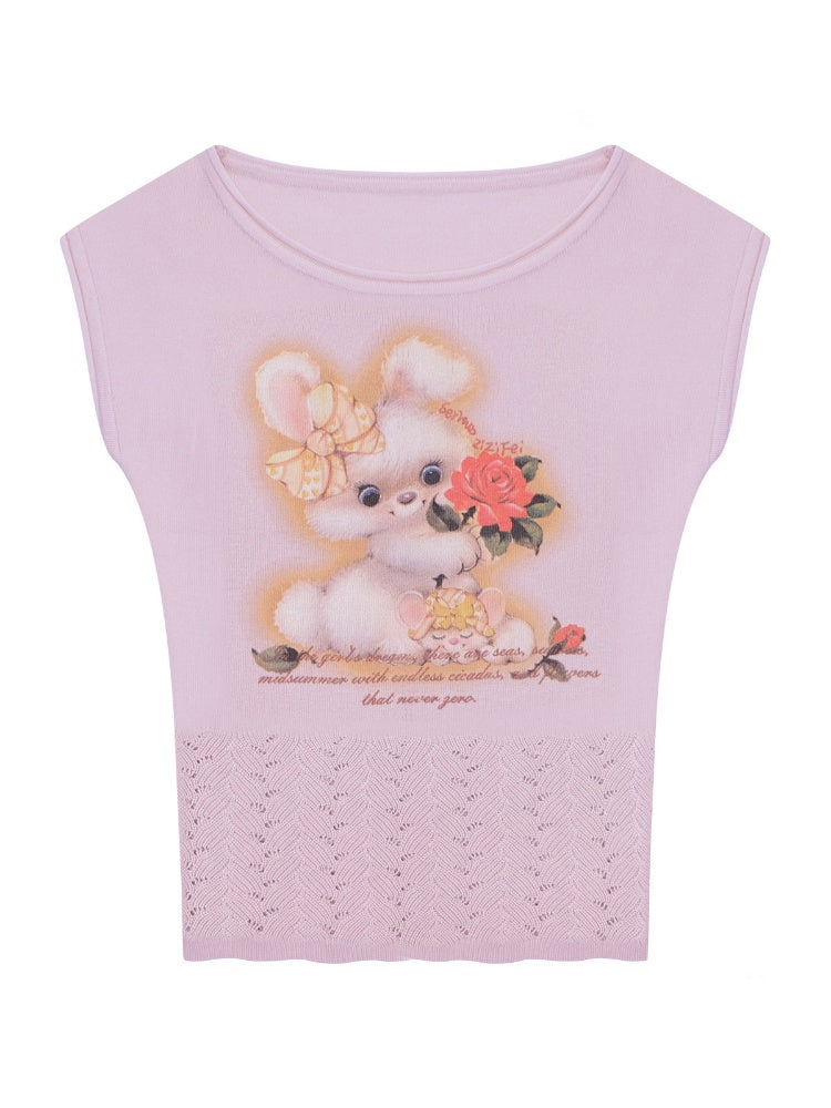Rabbit Print Hem Hollow Crew Neck Short Sleeve T-Shirt Purple【s0000016174】