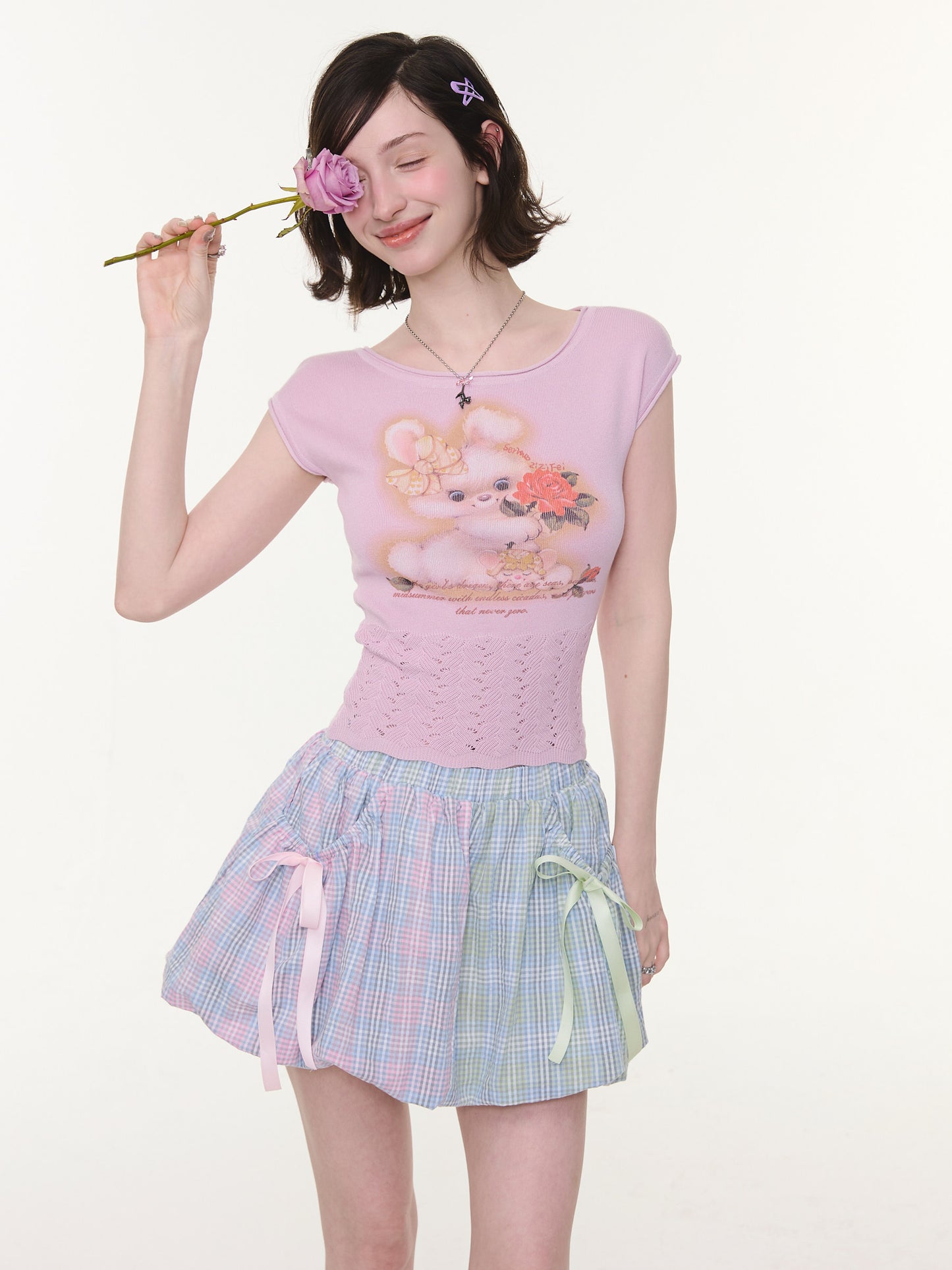 Rabbit Print Hem Hollow Crew Neck Short Sleeve T-Shirt Purple【s0000016174】