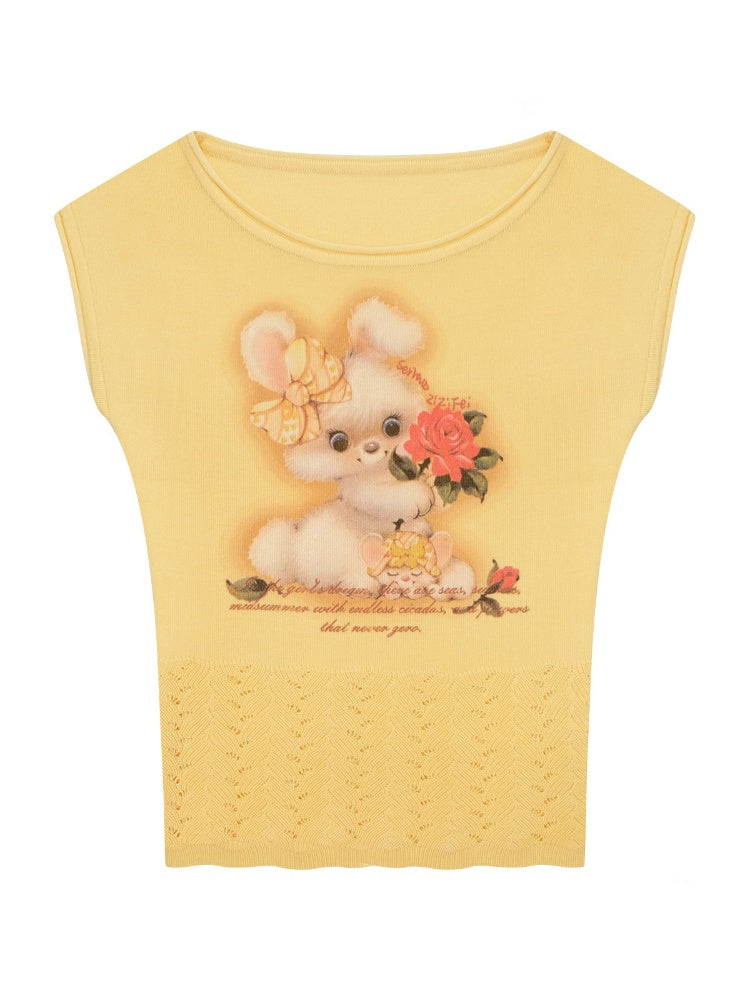 Rabbit Print Hem Hollow Crew Neck Short Sleeve T-Shirt Yellow【s0000016175】