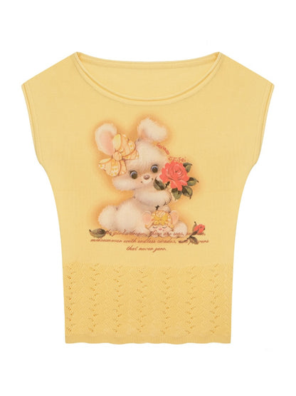Rabbit Print Hem Hollow Crew Neck Short Sleeve T-Shirt Yellow【s0000016175】