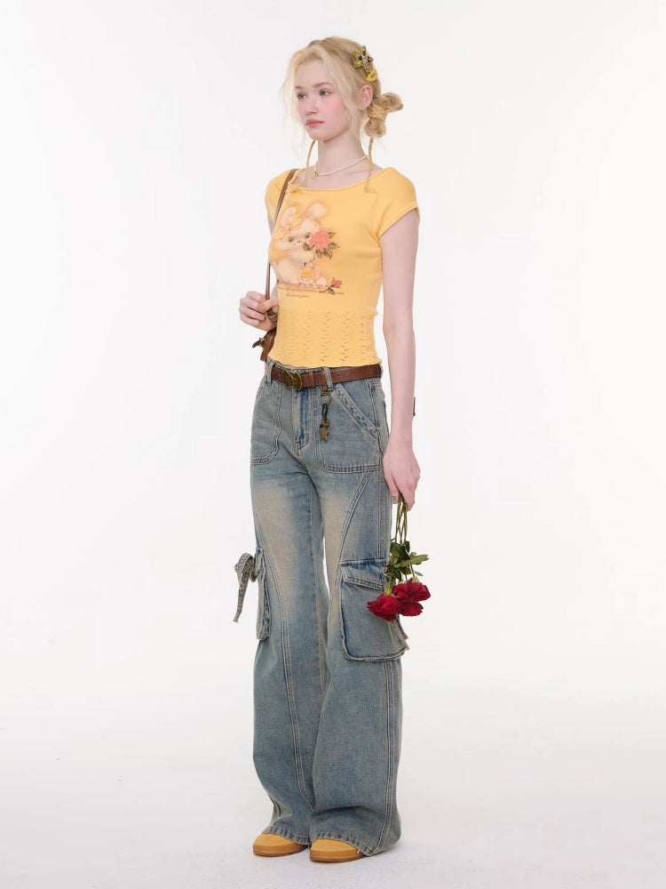 Rabbit Print Hem Hollow Crew Neck Short Sleeve T-Shirt Yellow【s0000016175】