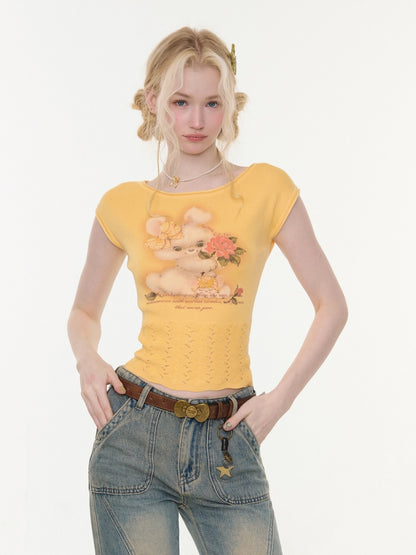 Rabbit Print Hem Hollow Crew Neck Short Sleeve T-Shirt Yellow【s0000016175】