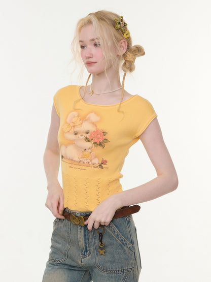 Rabbit Print Hem Hollow Crew Neck Short Sleeve T-Shirt Yellow【s0000016175】