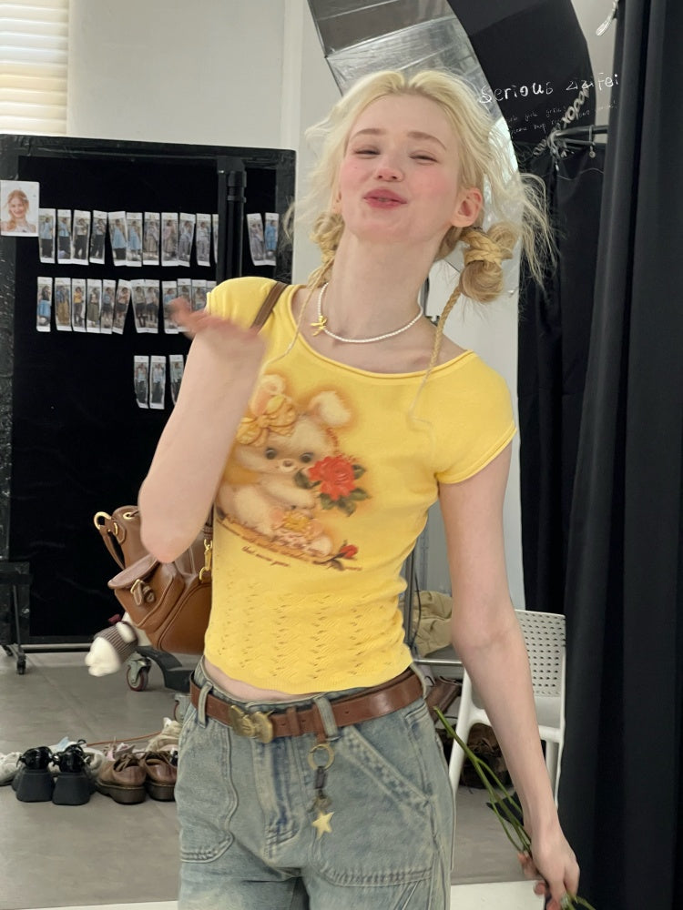 Rabbit Print Hem Hollow Crew Neck Short Sleeve T-Shirt Yellow【s0000016175】