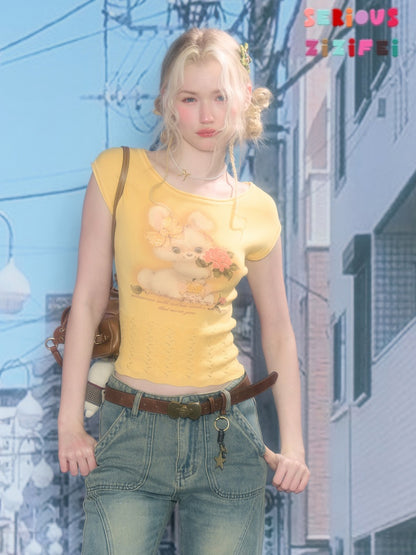 Rabbit Print Hem Hollow Crew Neck Short Sleeve T-Shirt Yellow【s0000016175】
