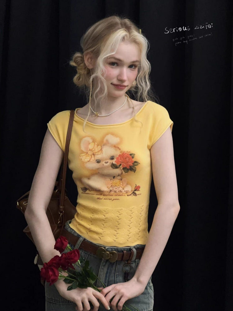 Rabbit Print Hem Hollow Crew Neck Short Sleeve T-Shirt Yellow【s0000016175】