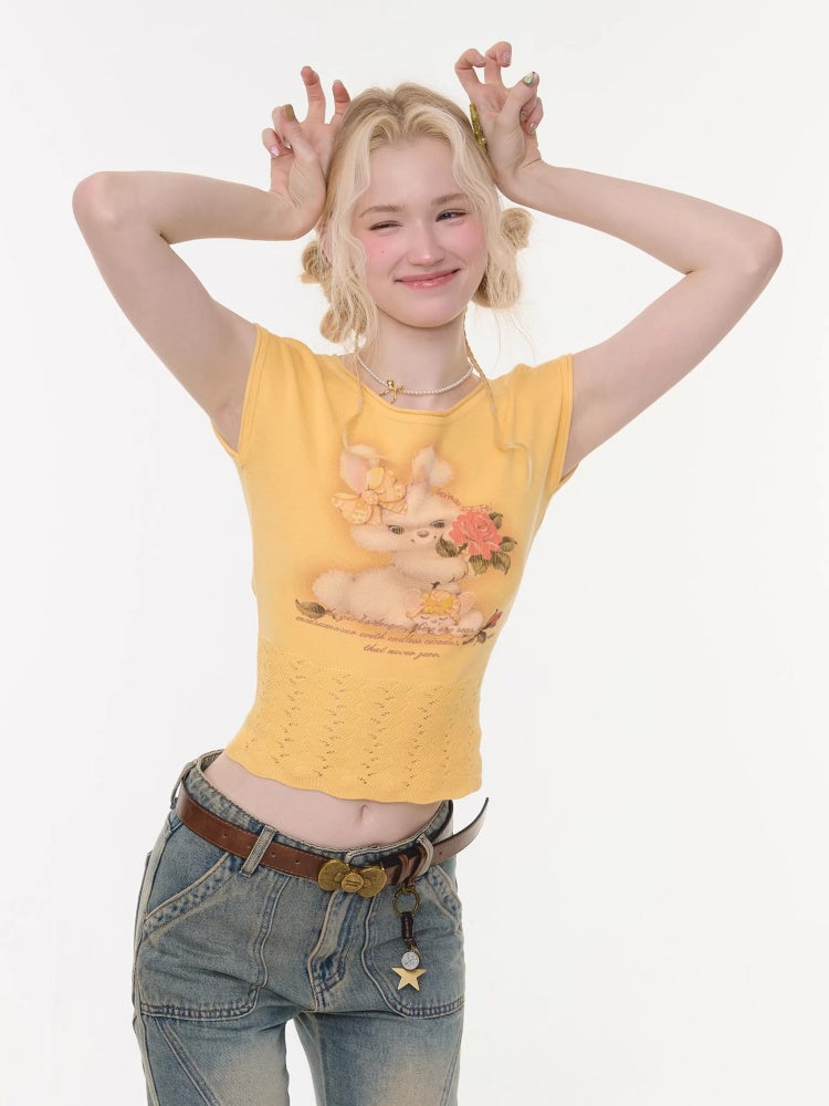 Rabbit Print Hem Hollow Crew Neck Short Sleeve T-Shirt Yellow【s0000016175】