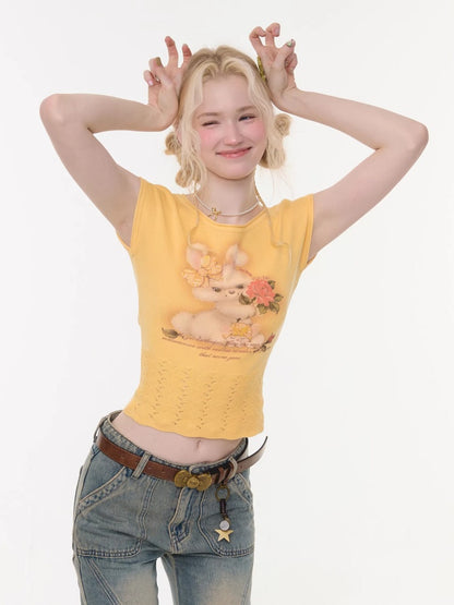 Rabbit Print Hem Hollow Crew Neck Short Sleeve T-Shirt Yellow【s0000016175】