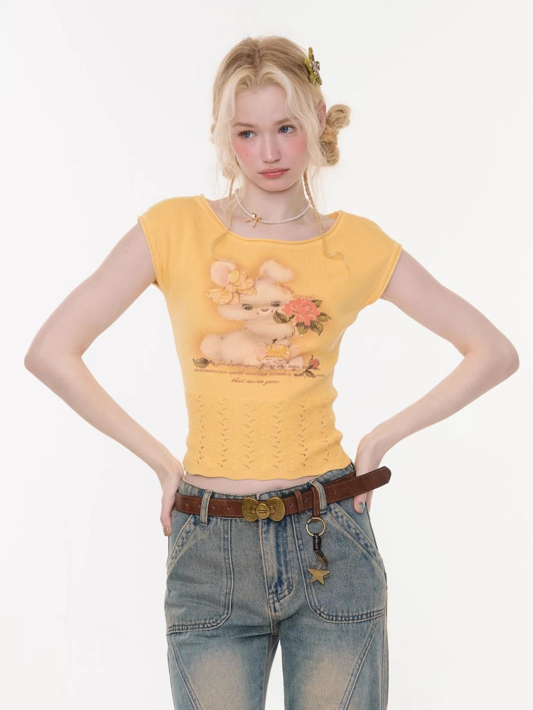 Rabbit Print Hem Hollow Crew Neck Short Sleeve T-Shirt Yellow【s0000016175】
