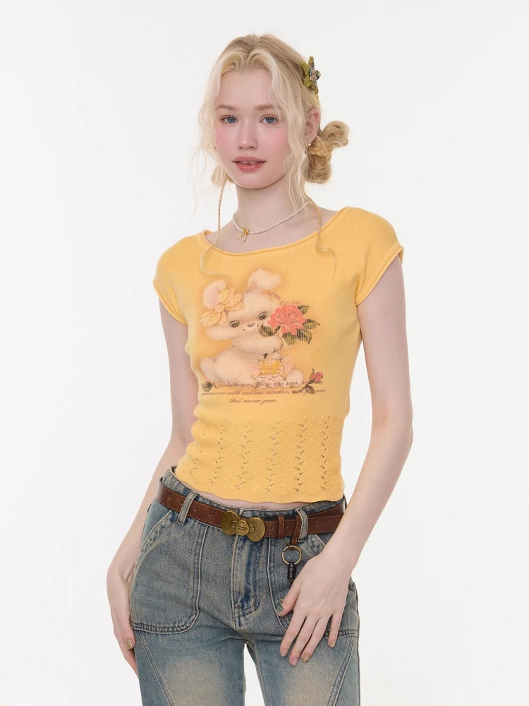 Rabbit Print Hem Hollow Crew Neck Short Sleeve T-Shirt Yellow【s0000016175】