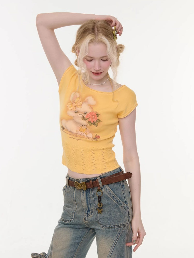 Rabbit Print Hem Hollow Crew Neck Short Sleeve T-Shirt Yellow【s0000016175】