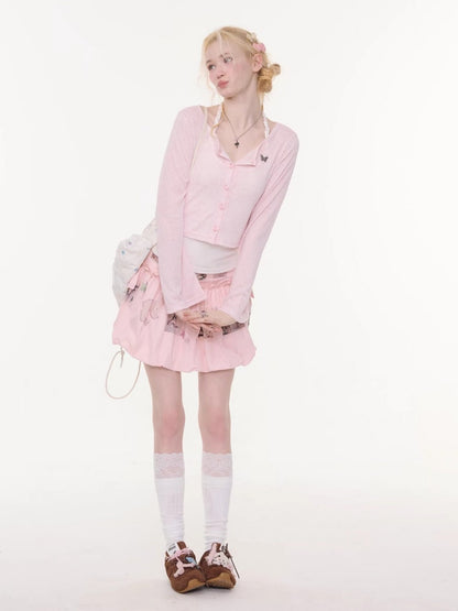 Flared Sleeves Slim Knitted Cardigan Pink【s0000016177】
