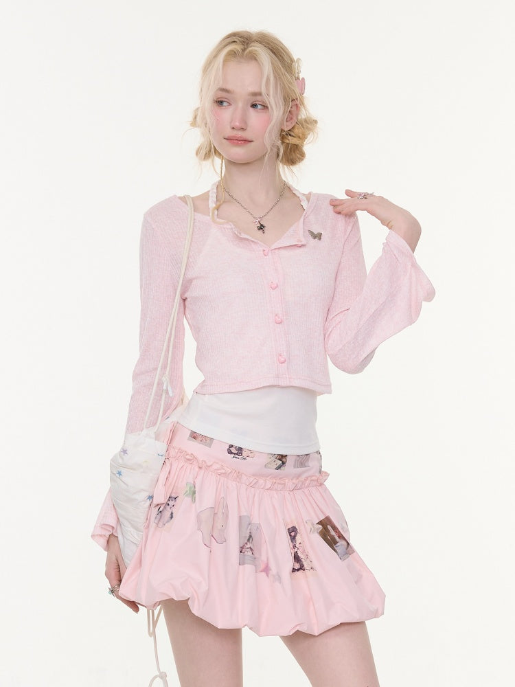 Flared Sleeves Slim Knitted Cardigan Pink【s0000016177】
