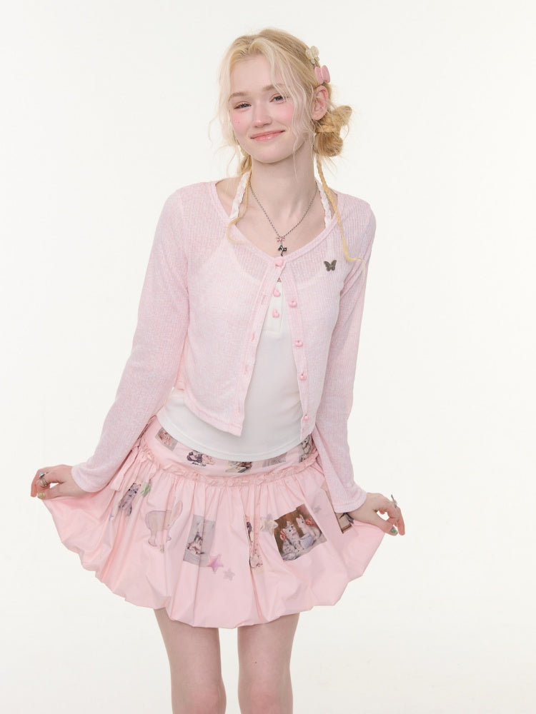 Flared Sleeves Slim Knitted Cardigan Pink【s0000016177】
