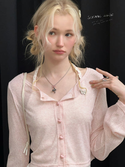 Flared Sleeves Slim Knitted Cardigan Pink【s0000016177】