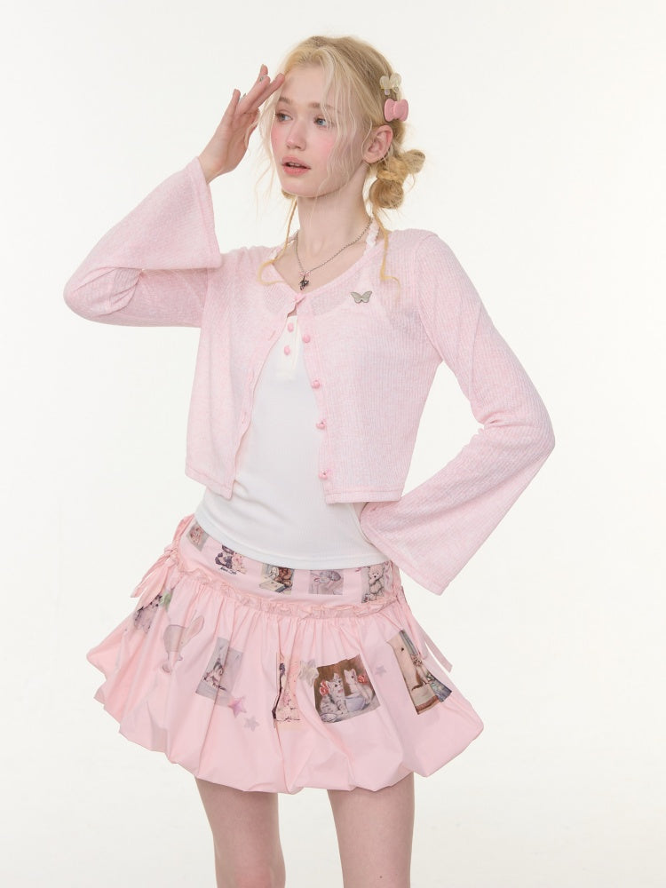 Flared Sleeves Slim Knitted Cardigan Pink【s0000016177】