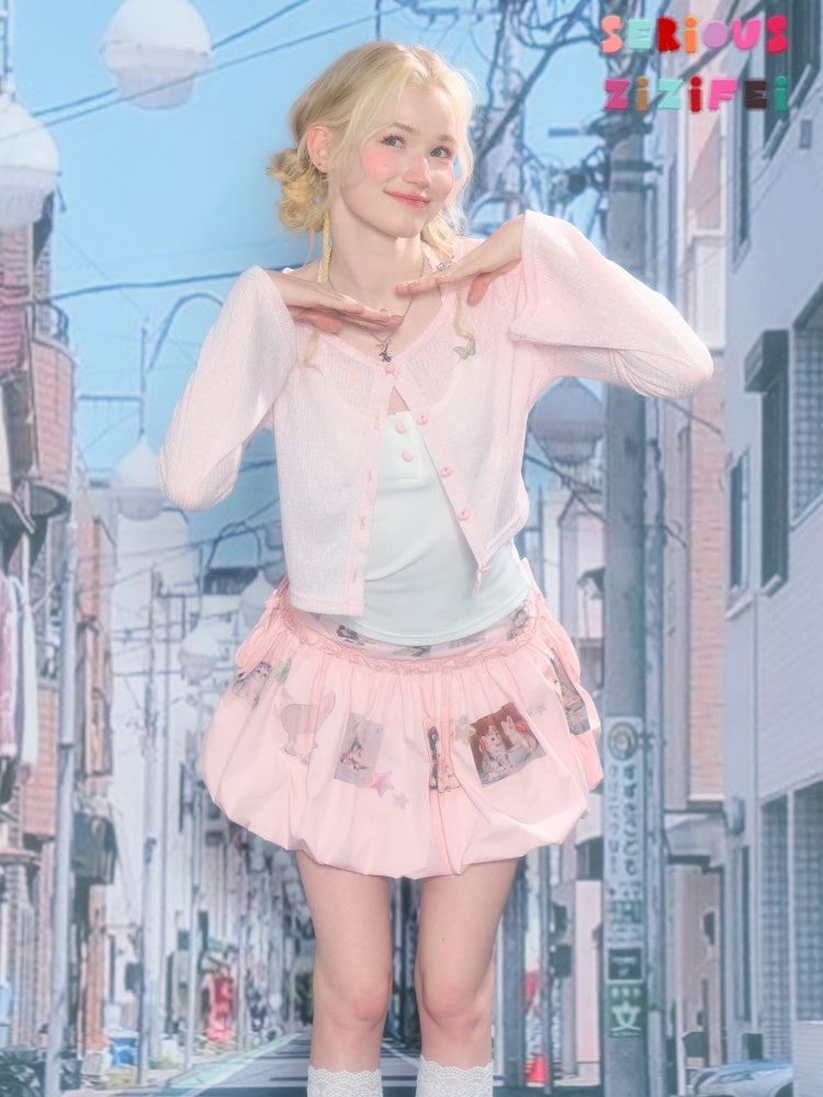Flared Sleeves Slim Knitted Cardigan Pink【s0000016177】