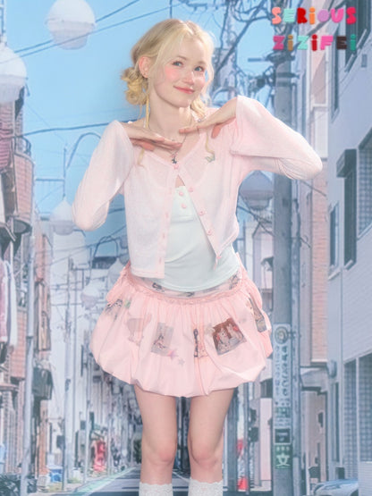 Flared Sleeves Slim Knitted Cardigan Pink【s0000016177】