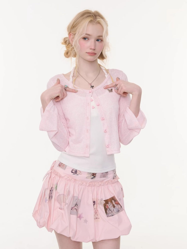 Flared Sleeves Slim Knitted Cardigan Pink【s0000016177】