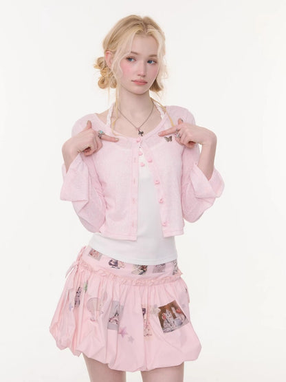 Flared Sleeves Slim Knitted Cardigan Pink【s0000016177】