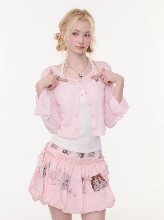 Flared Sleeves Slim Knitted Cardigan Pink【s0000016177】
