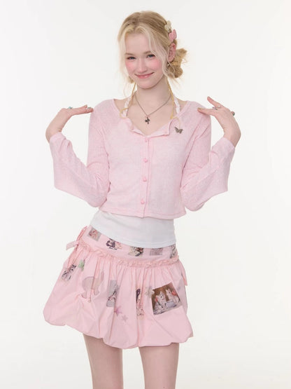 Flared Sleeves Slim Knitted Cardigan Pink【s0000016177】