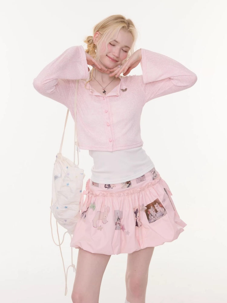 Flared Sleeves Slim Knitted Cardigan Pink【s0000016177】