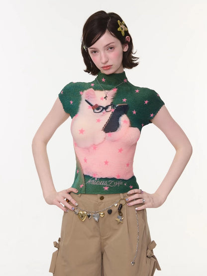 Star Cat Print High Neck Short Sleeve T-shirt【s0000016178】
