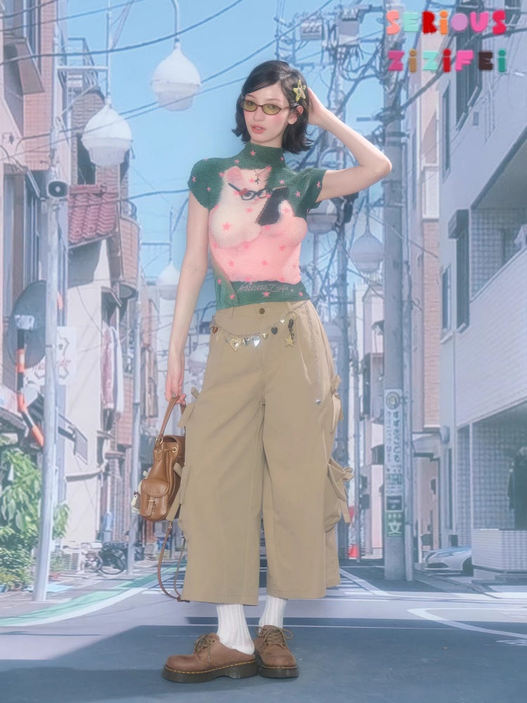 Star Cat Print High Neck Short Sleeve T-shirt【s0000016178】