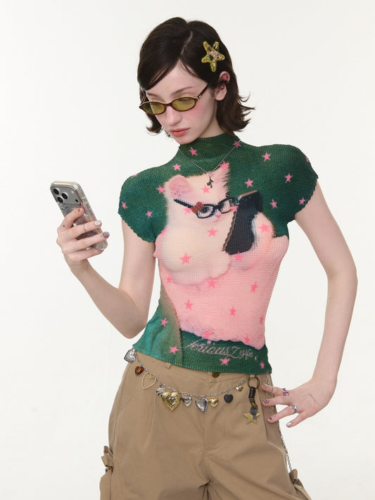 Star Cat Print High Neck Short Sleeve T-shirt【s0000016178】