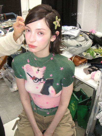 Star Cat Print High Neck Short Sleeve T-shirt【s0000016178】
