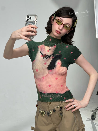 Star Cat Print High Neck Short Sleeve T-shirt【s0000016178】