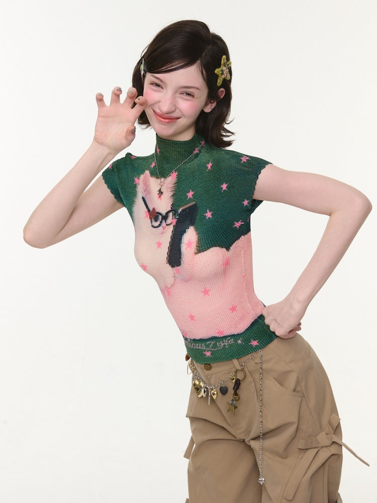 Star Cat Print High Neck Short Sleeve T-shirt【s0000016178】