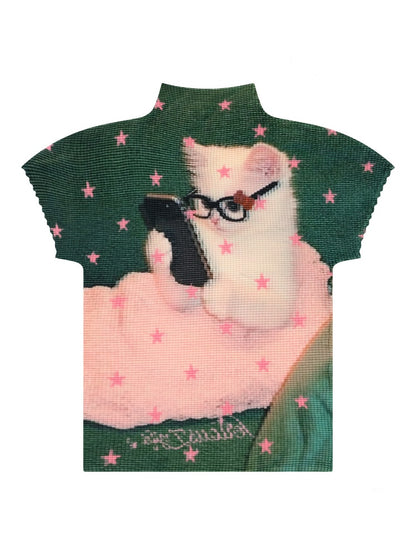 Star Cat Print High Neck Short Sleeve T-shirt【s0000016178】