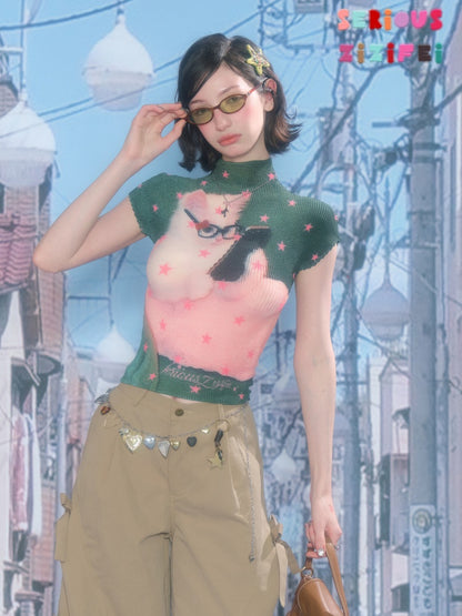 Star Cat Print High Neck Short Sleeve T-shirt【s0000016178】