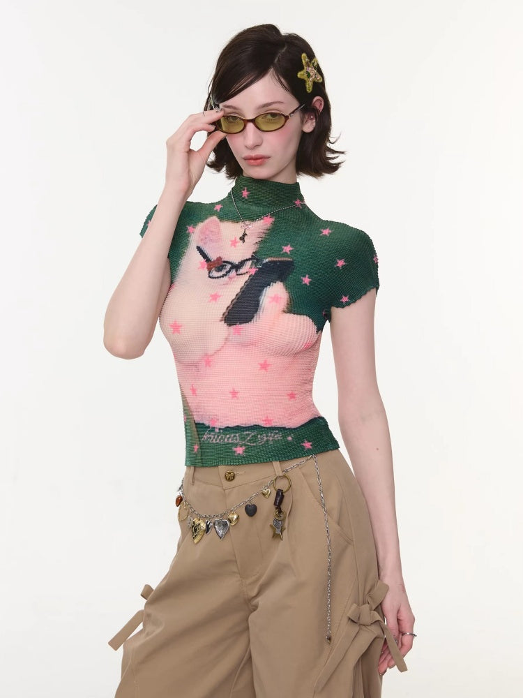 Star Cat Print High Neck Short Sleeve T-shirt【s0000016178】