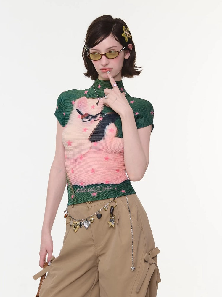 Star Cat Print High Neck Short Sleeve T-shirt【s0000016178】