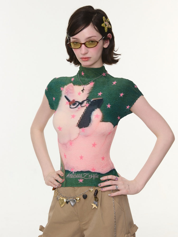 Star Cat Print High Neck Short Sleeve T-shirt【s0000016178】