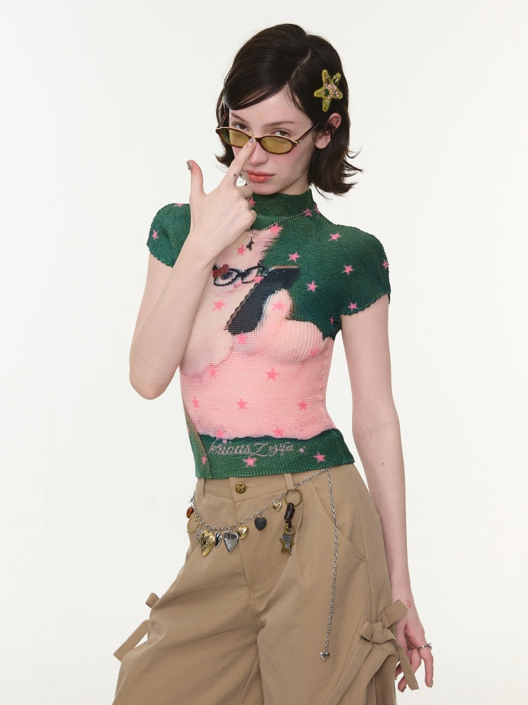 Star Cat Print High Neck Short Sleeve T-shirt【s0000016178】