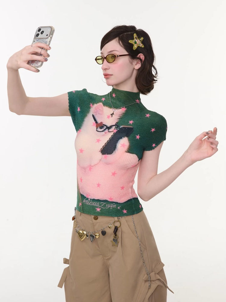 Star Cat Print High Neck Short Sleeve T-shirt【s0000016178】