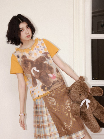 Polka Dot Bear Print Short-Sleeved T-Shirt【s0000016296】