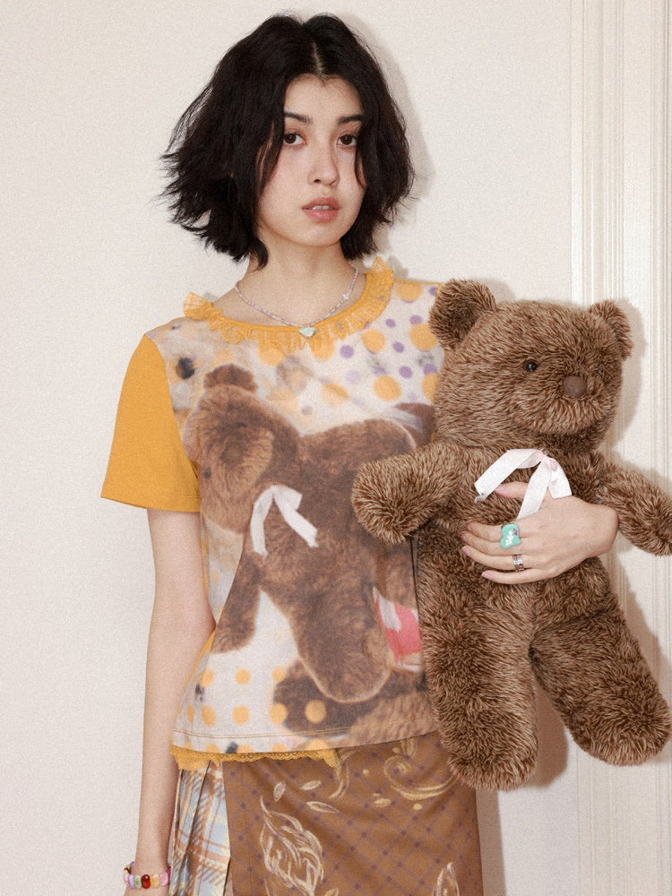 Polka Dot Bear Print Short-Sleeved T-Shirt【s0000016296】