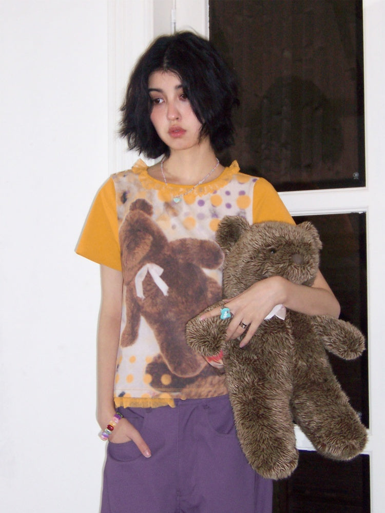 Polka Dot Bear Print Short-Sleeved T-Shirt【s0000016296】